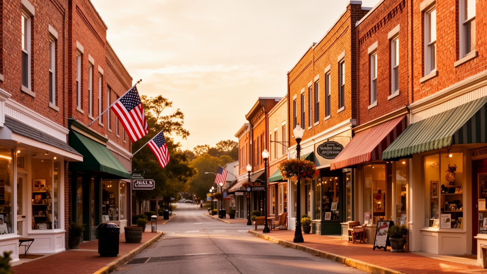 Main Street in a Middle Tennessee town at golden hour, lined with local shops and small businesses