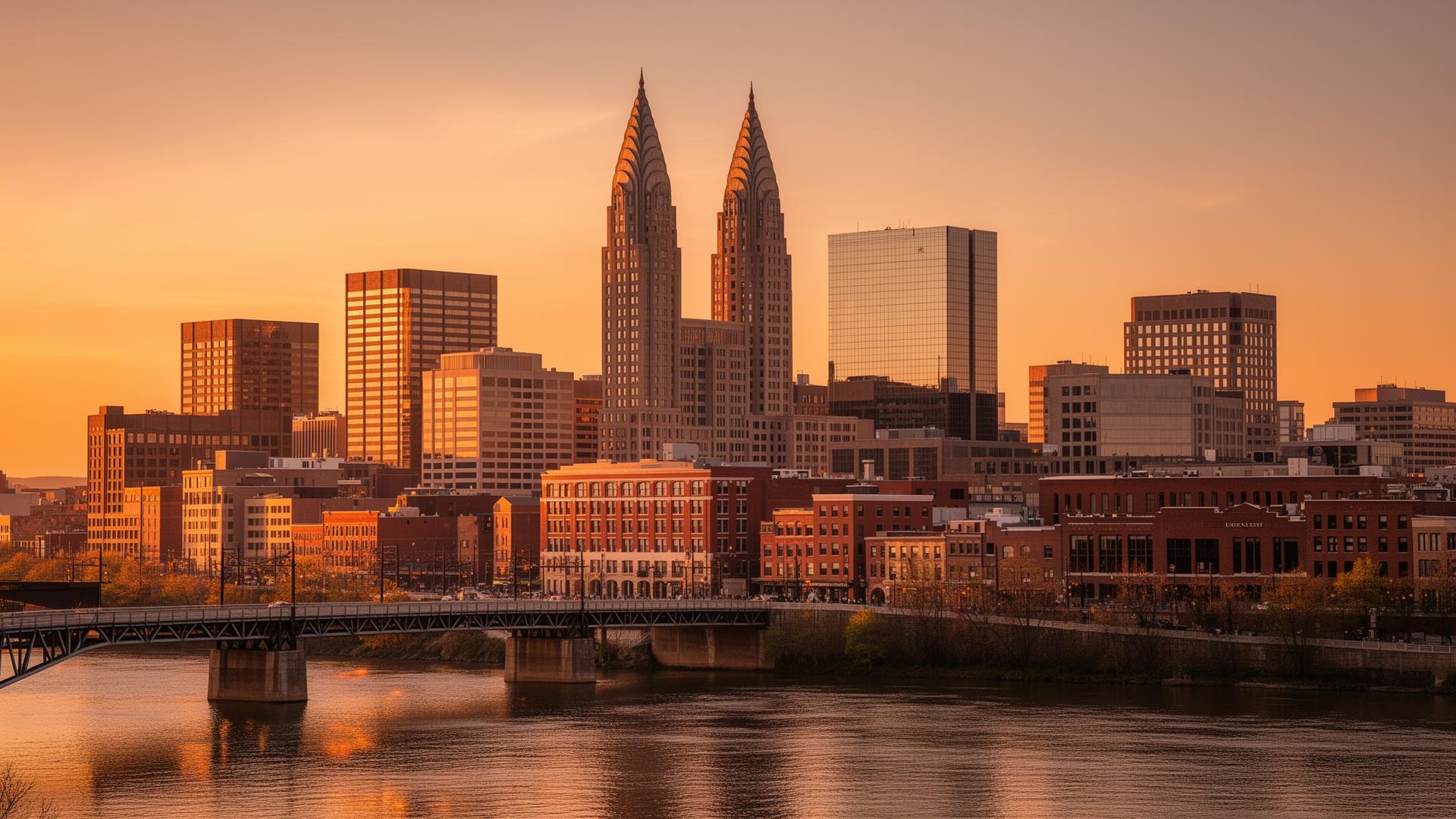 Downtown Nashville, Tennessee skyline at sunset over the Cumberland River